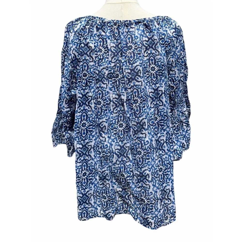 Milly Blue Pink Floral Medallion Boho Blouse Large Tassel Tie Peasant Top Casual